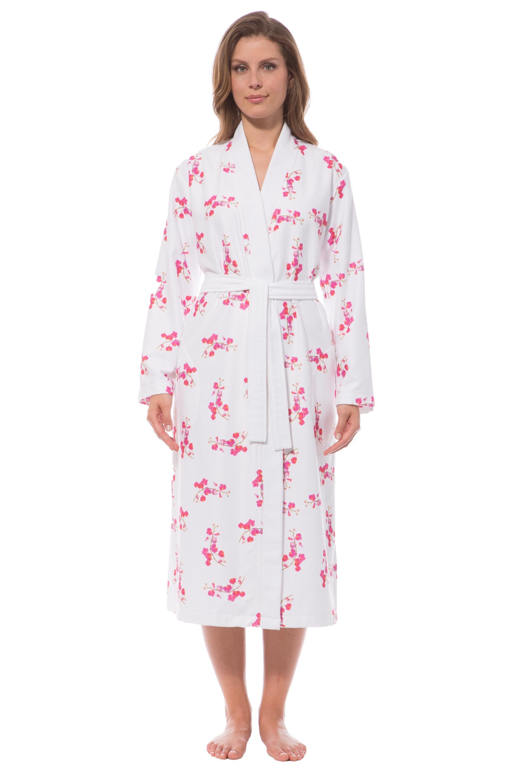 Morgenmantel Damen Kimono, Skylight leicht, Orchidee, weiß-rosa