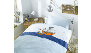 Lorenchen Mako Satin Kinderbettwäsche Piraten Blau Garnitur